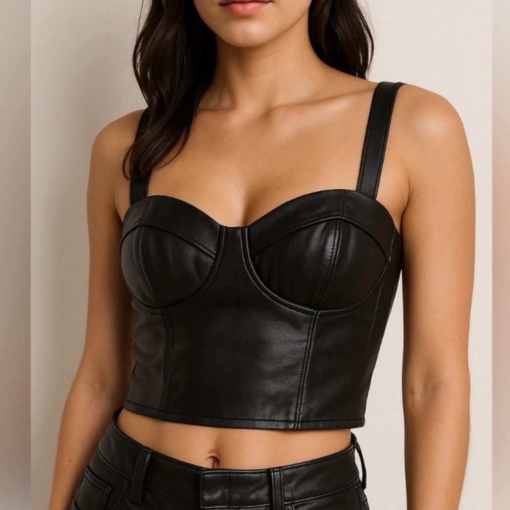 Shinestar Black Faux Leather Bustier Crop Top Tank Corset Moto Biker Edgy Party